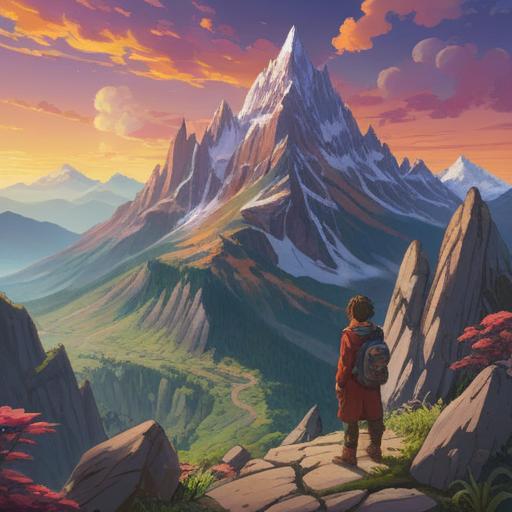 A vibrant and inspirational scene depicting a person standing on a mountain peak, overlooking a vast landscape of opportunities, surrounded by symbolic items representing growth, such as a glowing compass, a blooming flower, and books, with rays of sunlight breaking through the clouds, evoking a sense of hope and new beginnings, uplifting atmosphere, 4k