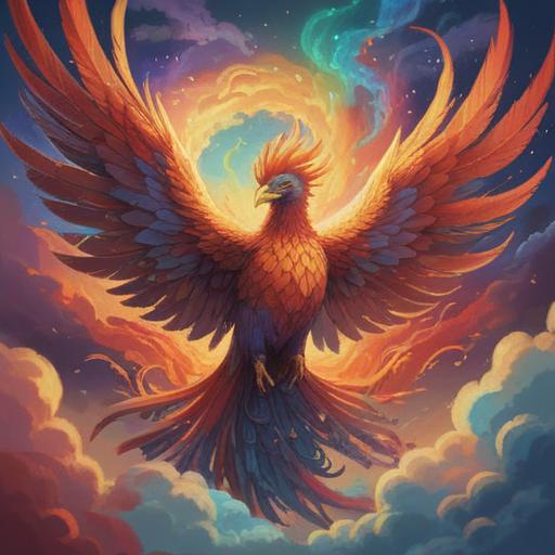 A majestic phoenix rising from the clouds, vibrant feathers shimmering in iridescent hues, surrounded by ethereal wisps, symbolic of rebirth and transformation, serene and tranquil atmosphere, celestial background with soft light filtering through the clouds, mystical aura, 4k