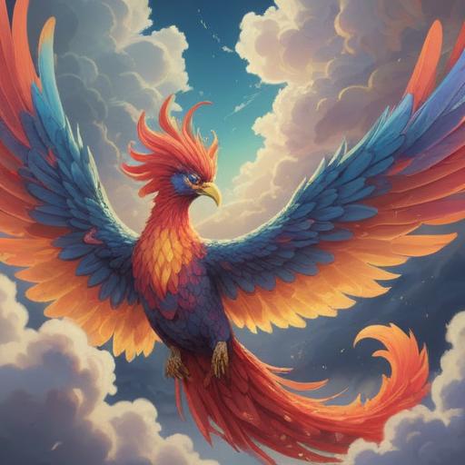 A mystical phoenix soaring through the fluffy white clouds, vibrant colors radiating from its feathers, ethereal glow, surrounded by a serene sky, symbolic of spiritual awakening and good omens, intricate details in clouds and feathers, peaceful atmosphere, dreamlike quality, 4k