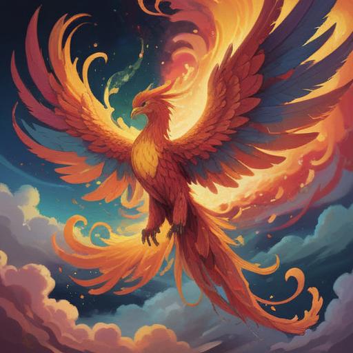 A vibrant illustration of a phoenix emerging from swirling clouds, mystical aura, ethereal colors, spiritual symbolism, detailed feathers illuminated by sunlight, celestial background with soft glows, serene atmosphere, vivid contrast between the phoenix and the clouds, 4k