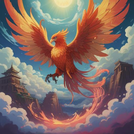 A vibrant illustration of a phoenix soaring through fluffy clouds, a shimmering lucky item glowing in the foreground, warm colors radiating from the phoenix, ethereal light illuminating the scene, symbolizing hope and renewal, intricate details in the feathers, majestic wings spread wide, serene blue sky, magical and uplifting atmosphere, 4k