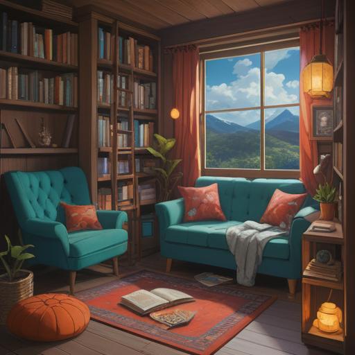 A serene scene depicting a cozy reading nook, filled with various support items for inner growth, soft pillows and warm blankets, a shelf of self-help books, a glowing candle casting gentle light, a journal and a pen resting on a side table, peaceful plants adding a touch of nature, calming atmosphere, inviting space for reflection and inspiration, 4k