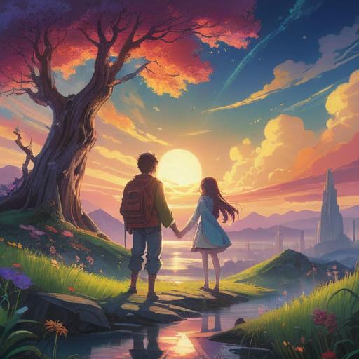 A mystical and serene landscape, two figures encountering each other in a radiant light, surrounding ethereal elements symbolizing connection, vibrant hues of nature, a sense of peace and harmony, spiritual energy emanating from the characters, dreamlike atmosphere, detailed flora and fauna, 4k