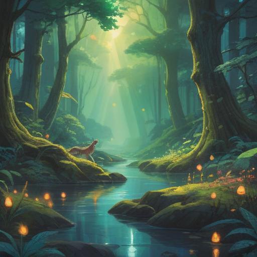 A mystical encounter in a serene forest, ethereal light filtering through the trees, symbolic animals representing guidance, a tranquil stream reflecting the sky, meditative atmosphere, harmonious connection with nature, vibrant colors, spiritual symbols subtly woven into the scene, enchanted energy, 4k