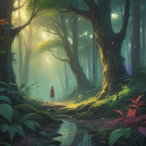 A mysterious encounter in a serene forest, soft ethereal light filtering through the trees, a shimmering spirit appearing before a curious traveler, vivid colors highlighting the otherworldly presence, intricate details of flora and fauna, an aura of spirituality and wonder, gentle flowing mist, 4k