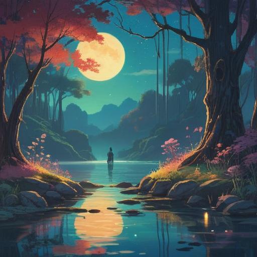 A serene and mystical landscape, ethereal sounds resonating in the air, soft glowing lights, vibrant colors reflecting in a tranquil lake, surrounded by ancient trees and gentle mist, a figure meditating peacefully, conveying a sense of spiritual awakening and harmony, 4k