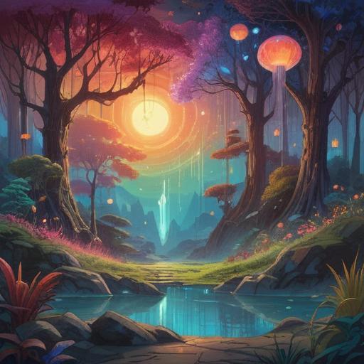 A surreal illustration depicting spiritual phenomena, ethereal lights, mystical symbols, enchanting landscape, vivid colors, serene atmosphere, abstract representations of energy, dreamlike quality, profound emotional depth, 4k