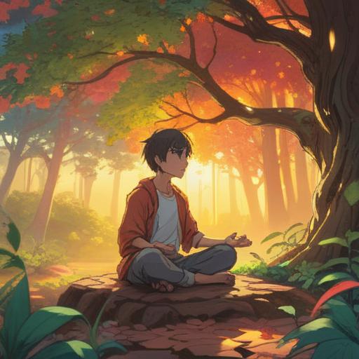 A serene illustration of a person meditating under a vibrant tree, warm sunlight filtering through the leaves, an aura of positive energy surrounding them, symbols of good luck such as horseshoes and four-leaf clovers floating around, peaceful expression, harmonious connection with nature, 4k