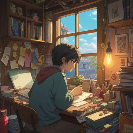 A whimsical illustration of a person discovering a lucky charm, vibrant colors, a cluttered desk filled with various trinkets, sunlight streaming through a window, a look of surprise and joy on their face, surrounded by symbols of good fortune like four-leaf clovers and horseshoes, uplifting atmosphere, detailed foreground with intricate patterns, 4k