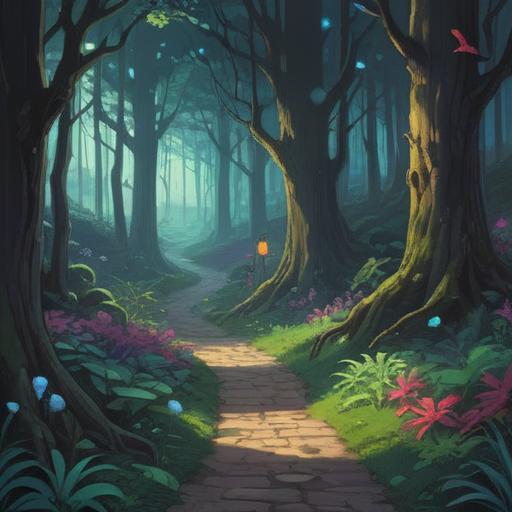 A serene landscape depicting a winding path through a dark forest leading to a bright, inviting clearing, contrasting shadows and light, symbolic representation of adversity and hope, gentle rays of sunlight breaking through the trees, a figure contemplating the journey ahead, nature's beauty intertwined with struggle, 4k