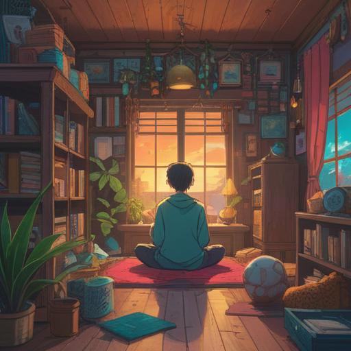 A serene scene depicting a person meditating in a peaceful, clutter-free room, surrounded by elements symbolizing purification and positivity, bright sunlight filtering through the window, gentle breeze stirring the curtains, presence of nature with plants, soft color palette, calming atmosphere, emphasis on tranquility and focus, mindful practices, self-improvement, 4k