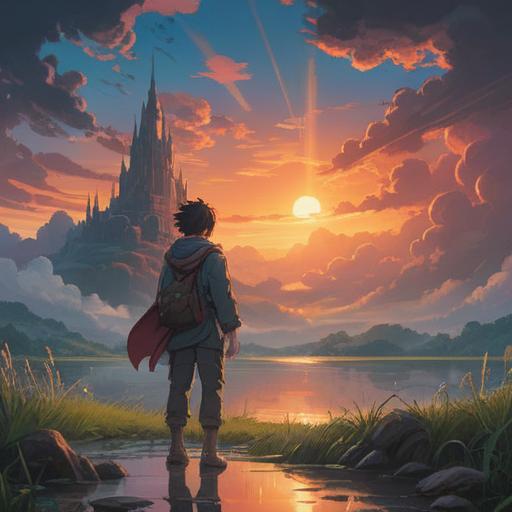 A spiritual sign of hope amidst continuous misfortune, a serene landscape with gentle light breaking through dark clouds, a person standing in reflection with closed eyes, surrounded by nature, symbols of good omens subtly integrated, peaceful atmosphere, emotional depth, 4k