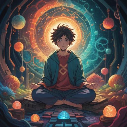 A serene and mystical illustration, a person sitting in meditation, surrounded by swirling, colorful energy patterns, symbols of transformation, a peaceful aura radiating from their heart, nature in the background, soft light illuminating the scene, a sense of awakening and inner peace, spiritual growth, calming atmosphere, vibrant colors, harmonious balance, 4k