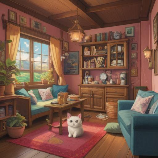 A whimsical illustration of a cozy room filled with lucky items that lighten moods, soft pastel colors, a charming lucky cat sitting on a table, a four-leaf clover plant on the windowsill, sunlight streaming in, playful shadows, cheerful ambiance, inviting atmosphere, detailed decorative elements, 4k