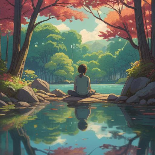 A serene scene depicting mindfulness practice, a tranquil setting with a person meditating by a calm lake, soft sunlight filtering through trees, gentle ripples on the water, peaceful expression, natural surroundings, lush greenery, harmonious atmosphere, 4k