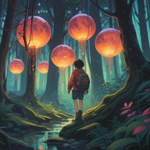A whimsical illustration of a clumsy person navigating a mystical forest, surrounded by ethereal lights and floating orbs, embodying the spiritual journey of self-discovery, gentle expressions showcasing vulnerability, intricate details in the foliage, harmonious color palette, 4k