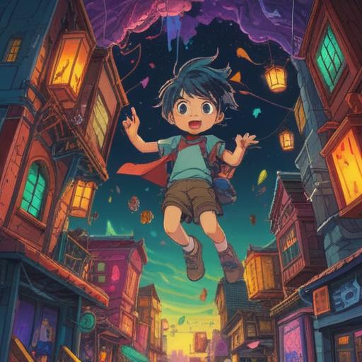 A whimsical scene depicting a clumsy character attempting a daring stunt, vibrant colors, exaggerated expressions, playful environment, objects falling around, humorous situation, elements of luck and chance, bright and cheerful atmosphere, dynamic pose, 4k