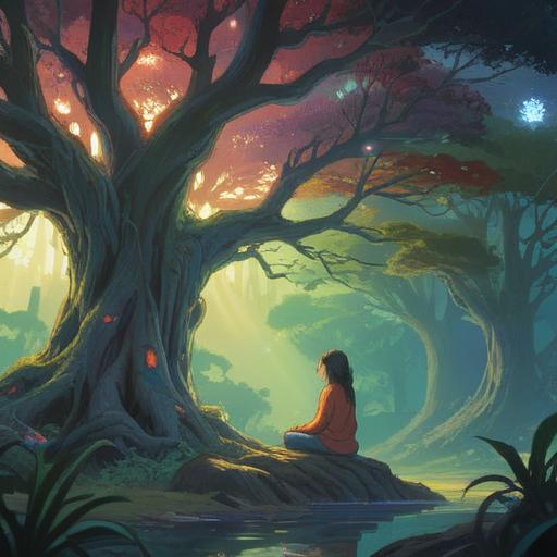 A serene and introspective scene depicting the concept of spiritual numbness, ethereal light filtering through ancient trees, a figure meditating in a tranquil setting, surrounded by soft, glowing orbs symbolizing energy and awareness, a sense of stillness and reflection, rich natural colors, harmonious blend of nature and spirituality, 4k
