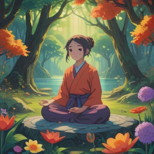 A serene and ethereal landscape, representing spiritual awakening, soft light filtering through trees, a peaceful figure meditating, surrounded by vibrant flowers, symbols of growth and renewal, a gentle stream bubbling nearby, mystical atmosphere, harmonious colors, 4k