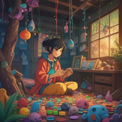 A symbolic illustration depicting a person surrounded by various lucky charms, vibrant colors, an atmosphere of hope and healing, intricate designs on the charms, soft light illuminating the scene, a serene expression on the person's face, nature elements in the background, visually representing the struggle and search for comfort, 4k