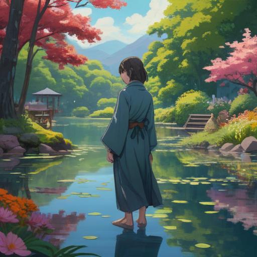 A serene landscape featuring a person standing at the edge of a peaceful lake, surrounded by lush greenery and blossoming flowers, reflecting in the calm water, gentle rays of sunlight breaking through the trees, a journal in hand symbolizing self-reflection, soft breezes creating ripples in the water, inspiring a sense of tranquility and introspection, 4k