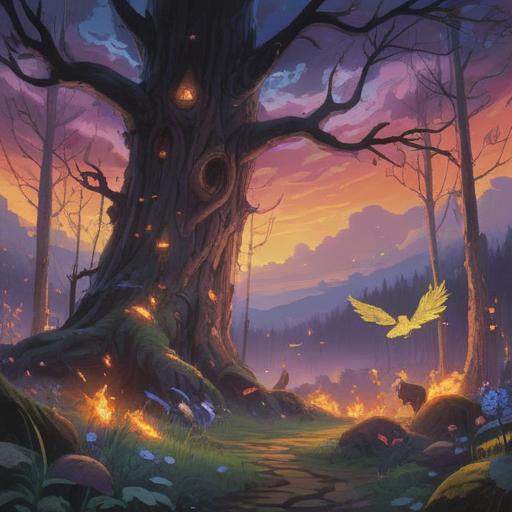 A mystical forest scene, ethereal glow, symbolic animals representing luck, dark clouds in the sky, branches showing signs of turmoil, a focal point on an ancient tree with carved faces, soft light illuminating the path, spiritual symbols subtly hidden in the surroundings, tranquil yet tense atmosphere, 4k