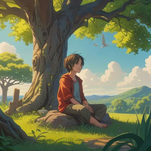 A serene landscape depicting a peaceful meditation scene, a person sitting cross-legged under a large, tranquil tree, soft sunlight filtering through the leaves, surrounded by gentle flowers, embodying mindfulness and positivity, clear blue sky, harmonious atmosphere, inviting space for reflection and inspiration, 4k