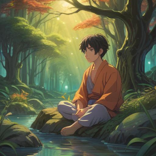 A serene and contemplative scene, soft light filtering through trees, a figure sitting peacefully in meditation, swirling ethereal energy around them, a sense of calm enveloping the environment, subtle symbols of hope and transformation in the background, gentle colors, spiritual awakening, harmonious atmosphere, 4k