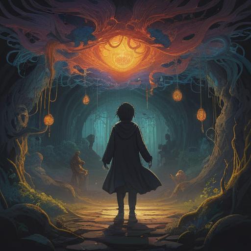 A surreal illustration depicting the spiritual meaning of anxiety and fear, dark and eerie atmosphere, shadowy figures representing inner struggles, swirling fog symbolizing confusion, a dimly lit path leading into the unknown, intricate details of nature losing vibrancy, emotional depth in character expressions, 4k