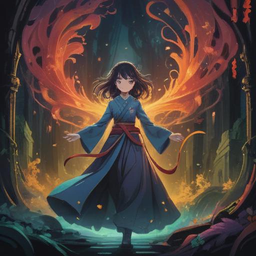 A surreal, ethereal scene depicting a figure surrounded by swirling shadows and haunting whispers, vibrant light breaking through darkness, symbols of hope and transformation emerging from fear, a serene expression on the figure's face, rich colors blending the contrasting emotions, an otherworldly atmosphere, intricate details in the background suggesting a spiritual journey, 4k