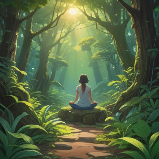 A serene and peaceful scene depicting a person meditating in a tranquil nature setting, surrounded by lush greenery and gentle sunlight filtering through the trees, symbols of growth such as blooming flowers and budding branches, a notebook and pen nearby representing reflection and organization, a calming river flowing in the background, a sense of harmony and mindfulness, 4k