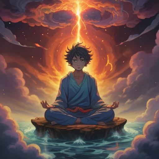 A spiritual illustration depicting anxiety, swirling dark clouds, ethereal light breaking through, a figure in meditation surrounded by protective energy, deep emotional expression, symbolic imagery of inner struggle and hope, calming colors contrasting with chaotic elements, serene yet intense atmosphere, 4k