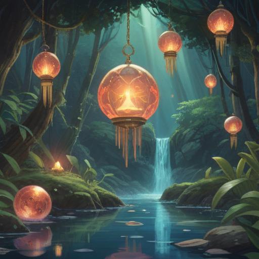 A serene illustration of spiritual lucky items, soft glowing orbs, calming crystals, delicate feathers, tranquil nature setting, gentle flowing water, warm sunlight breaking through trees, peaceful atmosphere, harmonious color palette, 4k