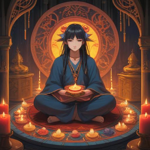 A serene spiritual ritual that invites inner peace, softly glowing candles arranged in a circular pattern, a meditative figure seated in the center, surrounded by nature, gentle flowing water in the background, lush greenery, ethereal light filtering through trees, mystical symbols etched in the ground, a calm and tranquil atmosphere, sense of harmony, 4k