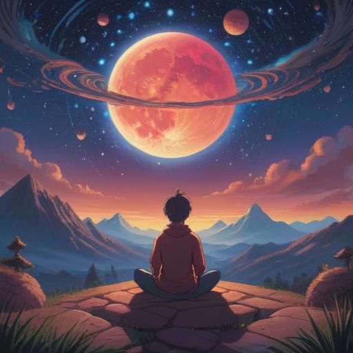 A serene landscape depicting a person meditating under a starry sky, peaceful atmosphere, soft glowing orbs representing thoughts and emotions, gentle waves on a calm lake, ethereal mist surrounding, symbolic representation of inner turmoil and spiritual clarity, soothing color palette, reflection of the stars in the water, tranquil expression on the meditator's face, 4k