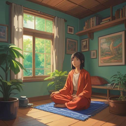 A calming illustration depicting daily habits for mental stability, serene morning routine with a person meditating in a sunlit room, surrounded by plants and a cup of tea, warm and inviting atmosphere, soft textures and colors, peaceful expressions, harmonious composition, 4k