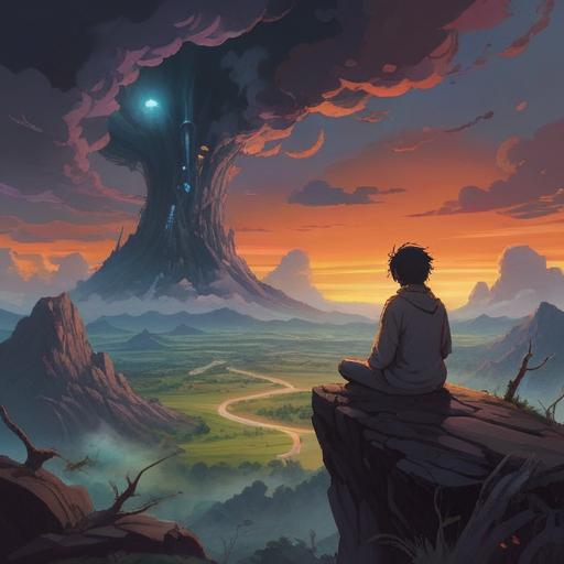 A surreal landscape depicting overwhelming anxiety, ethereal figures representing fear and uncertainty, dark clouds swirling above, a lone figure sitting in meditation amidst chaos, glowing symbols of spirituality around, contrasting light piercing through shadows, 4k