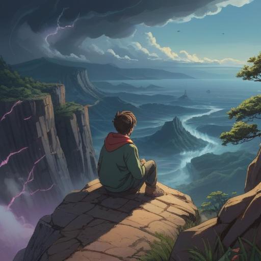 A serene yet tense scene depicting a person sitting alone on a cliff edge, gazing at a swirling storm in the sky representing their anxiety, soft glowing orbs of light surrounding them, symbolizing spiritual signs, dark clouds looming overhead, the contrast of light and shadow highlighting the emotional struggle, vivid colors, 4k