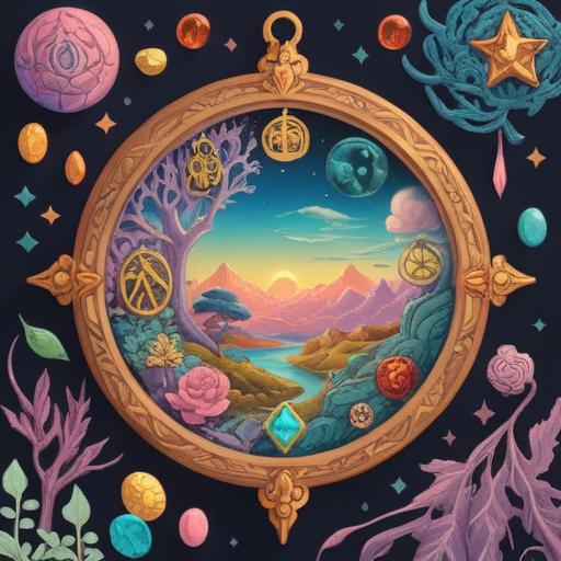 A serene and spiritual illustration, depicting a variety of lucky amulets, soft pastel colors, harmonious design, symbols of peace and stability, surrounded by calming nature elements like gentle streams and lush greenery, detailed textures of fabric and charms, warm and inviting atmosphere, enchanting light, 4k