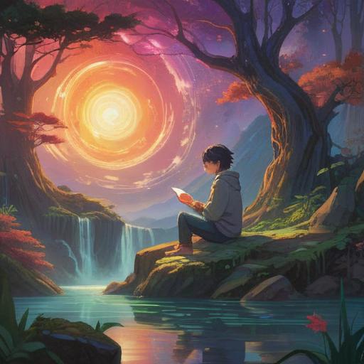 A mystical scene depicting a person sitting in a serene environment, surrounded by swirling energies and ethereal light, deep in thought, a feeling of uncertainty in their expression, soft glowing orbs representing spiritual insights, nature elements like trees and flowing water in the background, capturing the essence of ongoing anxiety and its spiritual significance, 4k