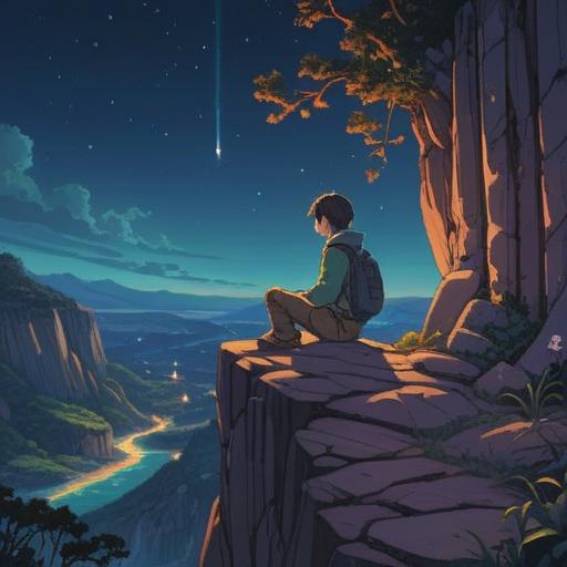 A serene illustration depicting a person sitting on a cliff under a starry night sky, subtle glowing symbols in the air representing spiritual signs, contrasting feelings of anxiety and hope, soft light illuminating the scene, a gentle breeze rustling the grass, tranquil atmosphere, picturesque landscape, 4k