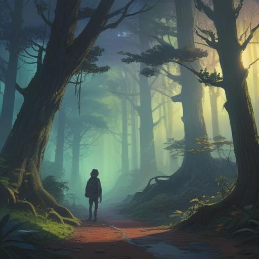 A serene landscape depicting a foggy forest, ethereal light breaking through the trees, a shadowy figure lurking in the background, symbolic imagery of anxiety and introspection, dark clouds overhead, subtle hints of spiritual warnings, a calm yet eerie ambiance, detailed foliage, 4k