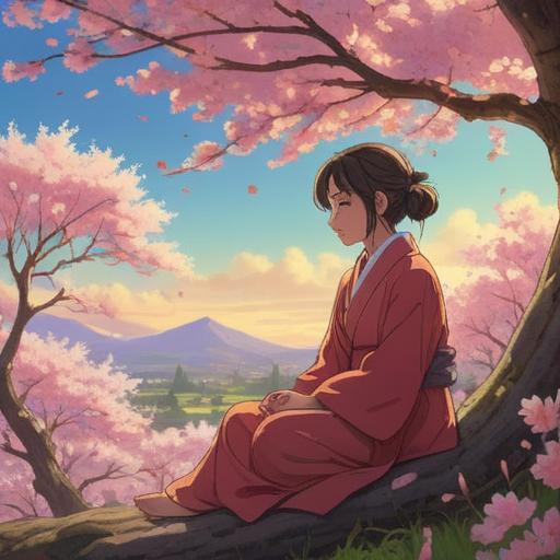 A serene scene depicting a person practicing mindfulness under a cherry blossom tree, gentle breeze, scattered petals, calming aura, warm sunlight filtering through branches, expressing hope and resilience, peaceful surroundings, small lucky charm nearby, encouraging positive energy, 4k