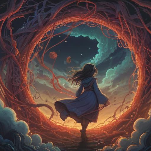 A surreal illustration of a person enveloped in swirling shadows, a tangled web of thoughts represented by dark clouds overhead, hints of light breaking through, symbolizing hope amidst turmoil, ethereal elements surrounding the figure, conveying a sense of spiritual struggle and anxiety, intense emotional expression, dreamlike quality, vivid contrasts, 4k