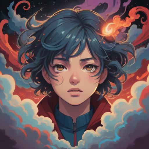 A surreal illustration depicting a person surrounded by swirling dark clouds, eyes closed in contemplation, ethereal light breaking through, symbols of inner turmoil represented by chaotic shapes, a sense of energy emanating from their heart, contrasting colors illustrating conflict, an atmosphere of introspection and spiritual awakening, 4k