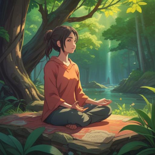 A serene scene depicting self-care practices, a person meditating peacefully, surrounded by nature, soft sunlight filtering through trees, gentle flowers in bloom, calming water nearby, a sense of tranquility and reflection, harmonious atmosphere, vibrant green tones, detailed character expression, 4k
