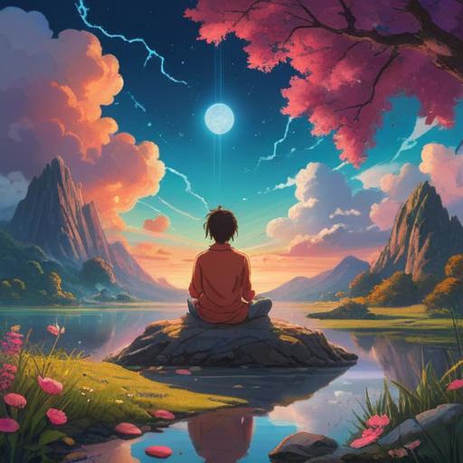 A mystical and serene landscape, vibrant colors, spiritual symbols in the sky, a person meditating peacefully, surrounded by nature's beauty, calming energy flowing, ethereal lighting, harmony with the universe, inspiring atmosphere, detailed flora and fauna, enchanting presence, 4k