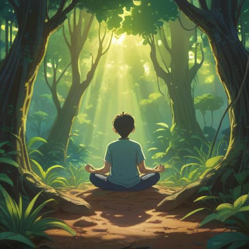 A serene and calming scene of a person meditating in a beautiful natural setting, surrounded by lush greenery and soft rays of sunlight filtering through the trees, an aura of tranquility, mindful presence, gentle flow of energy, peaceful facial expression, harmonious connection with nature, bright and uplifting colors, 4k