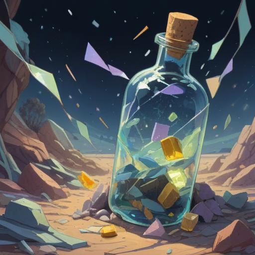 A shattered bottle symbolizing transformation, fragments reflecting light, spiritual rebirth, empty space representing new beginnings, ethereal background with soft hues, dynamic energy of change, surrounding elements of nature, calming presence, 4k
