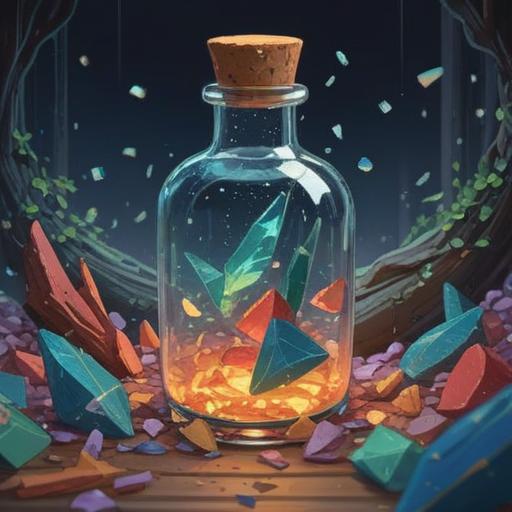 A mystical scene of a glass bottle shattering, shards sparkling like crystals, ethereal light emanating from the broken pieces, a serene forest backdrop with soft sunlight filtering through trees, symbols of good fortune appearing around, vibrant colors, a sense of tranquility and hope, 4k